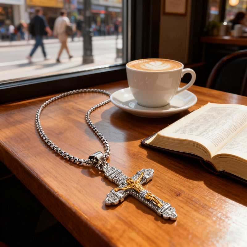 Christian titanium steel cross necklace on hand