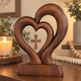 Handcrafted Beechwood Two Hearts One Covenant Cross Sculpture – Christian Wedding & Anniversary Gift