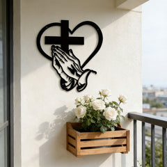 Praying Hands, Heart & Cross Metal Wall Art: Faith, Love, and Devotion in One Design for Christian prayer and meaningful gifting