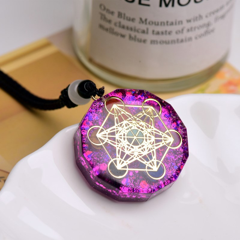 Metatron Tesseract Necklace, Epoxy Stone Sacred Geometry Pendant, Spiritual Protection Medal