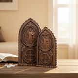 Hand-Carved Beechwood St. Benedict Medal Desktop Ornament