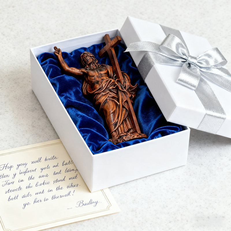 “He Is Risen” — Hand-Carved Boxwood Jesus Resurrection Statue | Symbol of Hope, Faith & New Life
