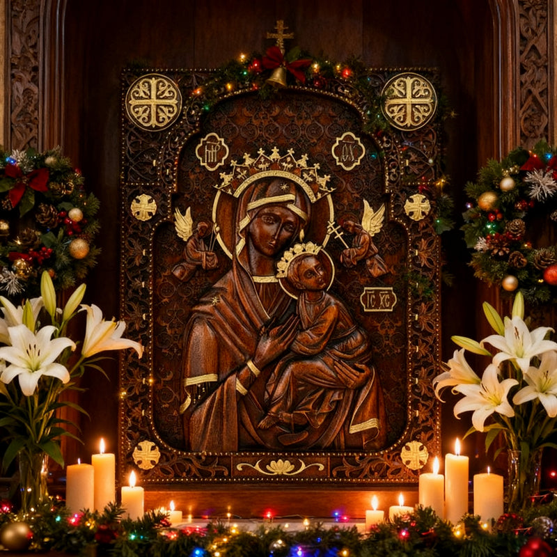 Our Lady of Perpetual Help Wood Art - Hand-Carved Catholic Gift - Mother Mary Comfort Figure