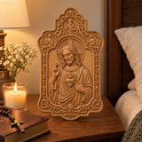 Sacred Heart of Jesus Hand-Carved Beechwood Plaque – Catholic Prayer, Home Blessing & Faith Gift