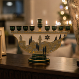 Jerusalem Skyline Hanukkah Menorah – Cloisonné Enamel Judaica Candle Holder