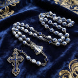 Our Lady & Cross Rosary: 8mm Blue Floral Acrylic Beads with Alloy Chain