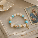 Chalcedony Cross Beaded Bracelet, Vintage Religious Printed Tube Bead Faith Jewelry for Women