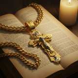 Gold-Plated Copper Crucifix Pendant with Jesus Christ and Religious Figures