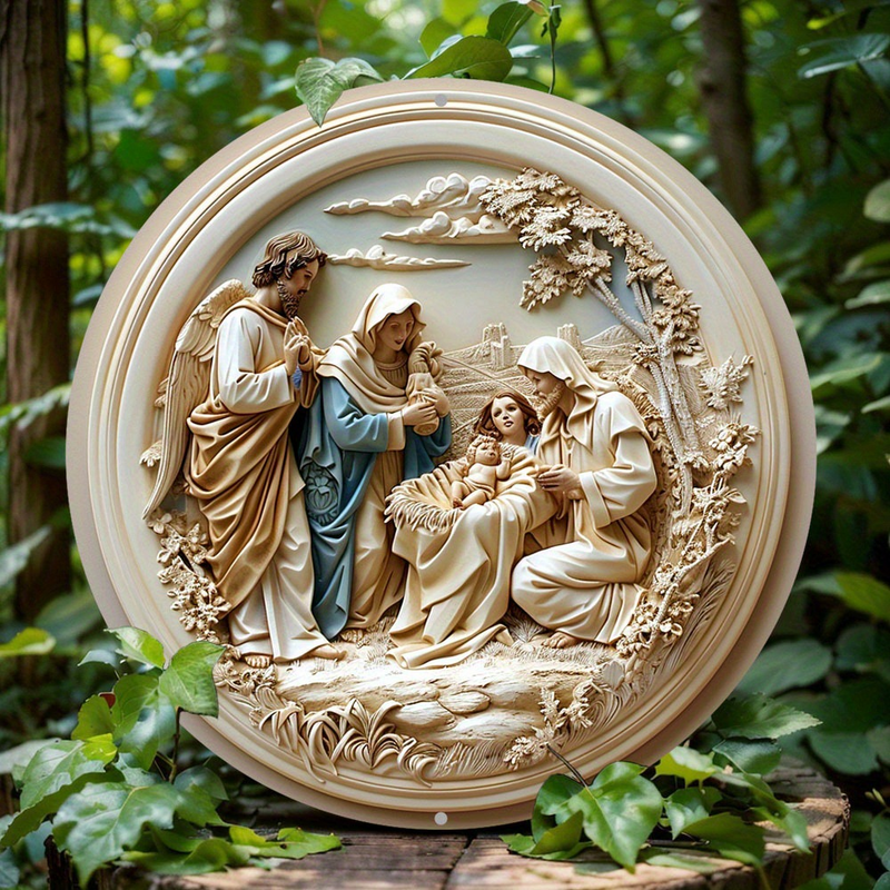 Christian Holy Family Relief Decorative Plaque - 8 Inch / 12 Inch Aluminum Waterproof Religious Wall Art (with Mounting Accessories)