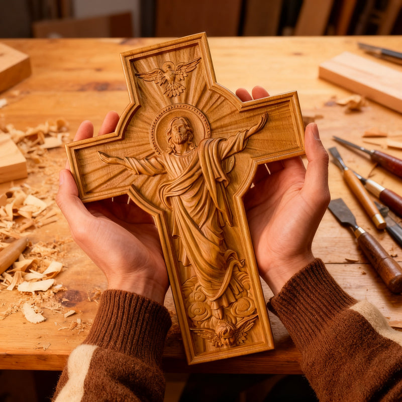 Ascension of Jesus wood carving cross