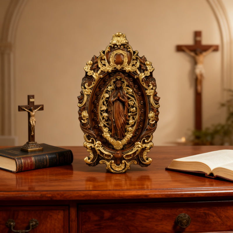 Hand-Carved Our Lady of Grace Wooden Icon: A Christian Symbol of Mary’s Devotion