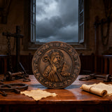 Saint Benedict religious icon, natural wood carved wall decoration