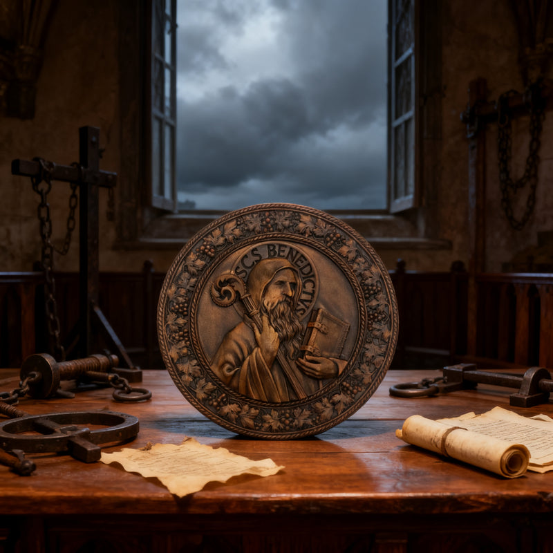 Saint Benedict religious icon, natural wood carved wall decoration