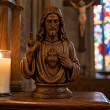 Hand-Carved Cypress Wood Sacred Heart of Jesus Statue – Christian Prayer & Home Devotional Decor