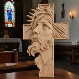Hand-Carved Beechwood Jesus Crown of Thorns Cross – Christian Wall Art