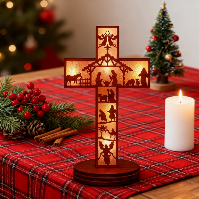 Boxwood LED Nativity Cross – The Light of Christ Shines Within