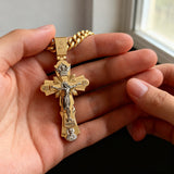 Gold-Plated Copper Crucifix Pendant with Jesus Christ and Religious Figures