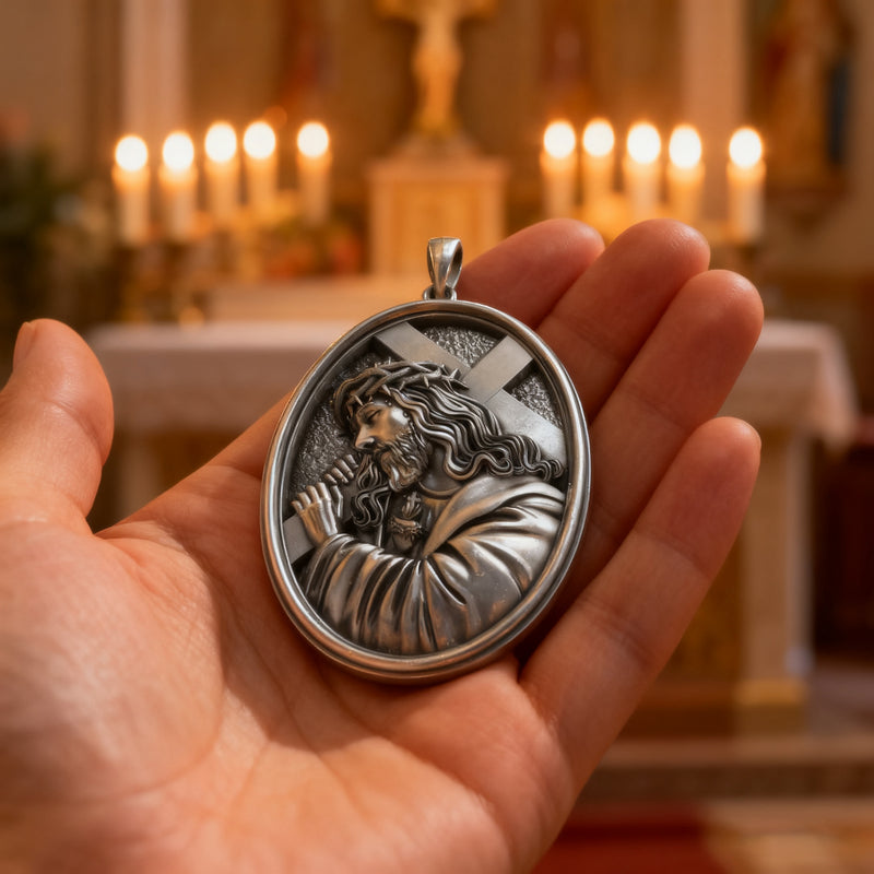 Divine Grace: Jesus Carrying the Cross with Sacred Heart S925 Sterling Silver Pendant Necklace