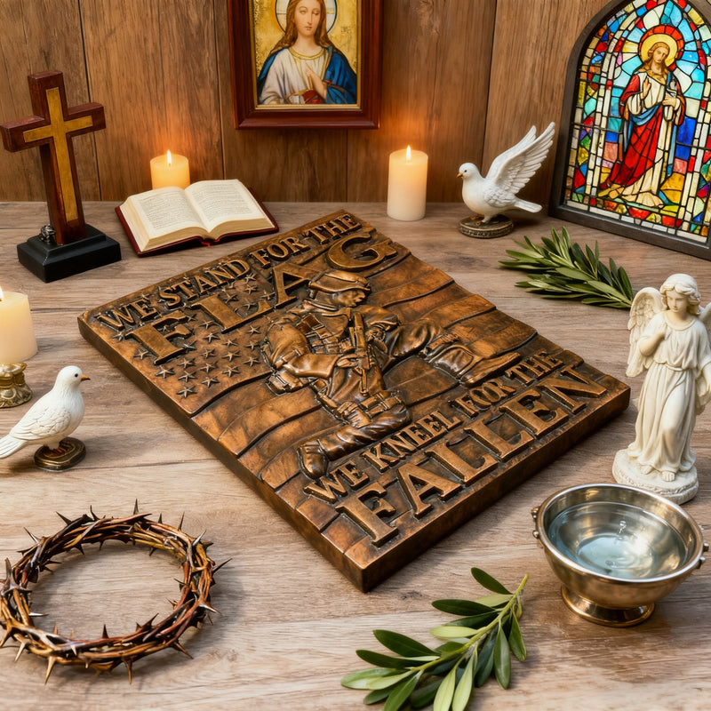 We Stand For The Flag, We Kneel For The Fallen -American soldier wood carving memorial icon
