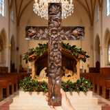 Hand-Carved Rose Cross Wall Art ✝️🌹 | Solid Beechwood Christian Decor with Golden Flowers