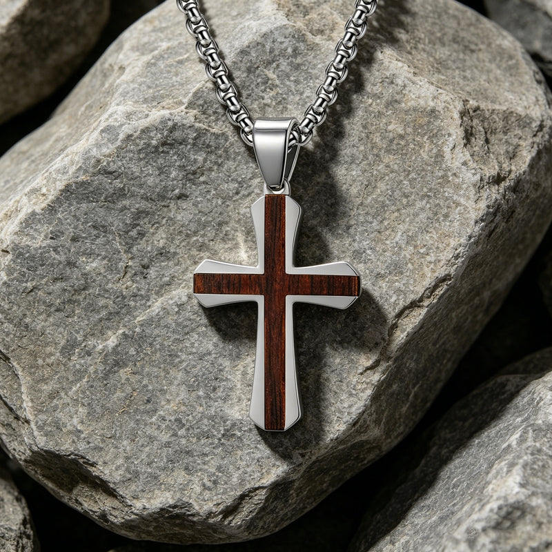 Silver Christian cross necklace with solid rosewood inlay