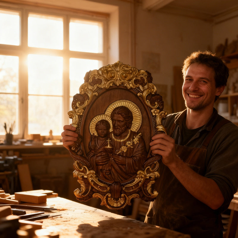“St. Joseph & Child Jesus” Hand-Carved Wood Icon – A Timeless Christian Gift for Father’s Day & Faithful Homes