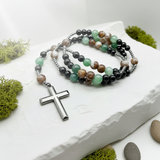 Natural Stone Rosary Cross Necklace – Faith, Earth & Timeless Devotion