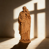 Beechwood roundel of Joseph holding a child: sacred heritage, warmth and eternity