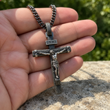 Jesus Crucifixion S925K Silver Crucifix Pendant- with 5mm Titanium Cuban Chain