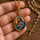 Our Lady of Guadalupe Gold-Tone Oval Pendant Necklace – Double-Sided Virgin Mary Christian Jewelry