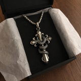 S925 Silver Serpent Cross Pendant Necklace with Green Gemstone