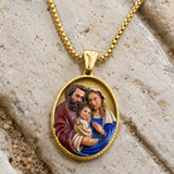 3D Raised Enamel Holy Family Oval Gold Stainless Steel Necklace