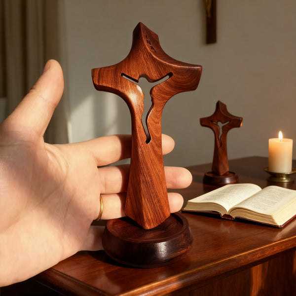 Handcrafted Wooden Jesus Cross with Magnetic Base - A Timeless Symbol of Faith for Home & Altar
