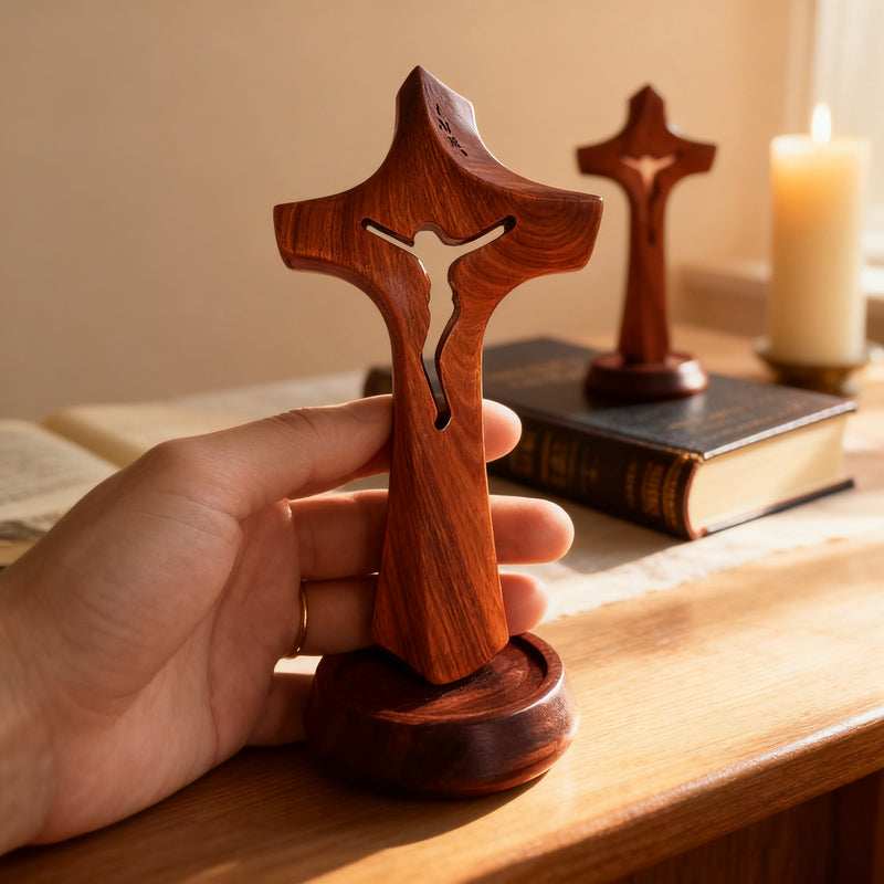 Handcrafted Wooden Jesus Cross with Magnetic Base - A Timeless Symbol of Faith for Home & Altar