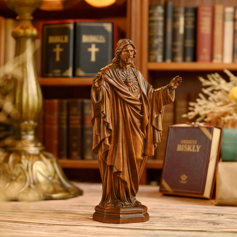 Hand Carved Sacred Heart of Jesus Virgin Mary Wooden Tabletop Ornament