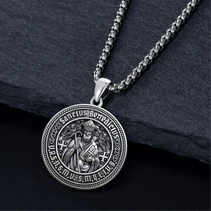 St. Benedict S925K Silver Double-Sided Engraved Amulet Pendant