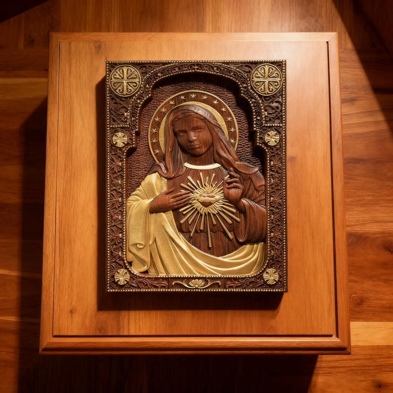 Immaculate Heart of Mary Hand-Carved Beech Wood Sculpture | Sacred Home Altar Ornament