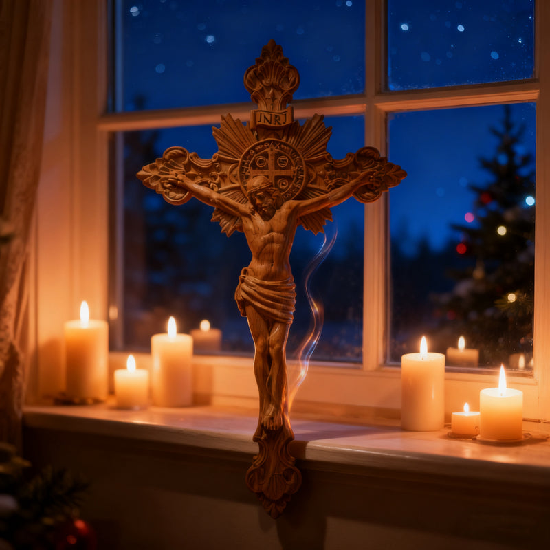 Wood carving of the Cross of the Order of Saint Benedict - with base