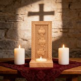 Holy Family Three Sacred Hearts Candlestick Wooden Carved Tabletop Arrangement