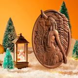 Native American Woman and Wolf Wood Carving Decor - Engraved on Natural Wood