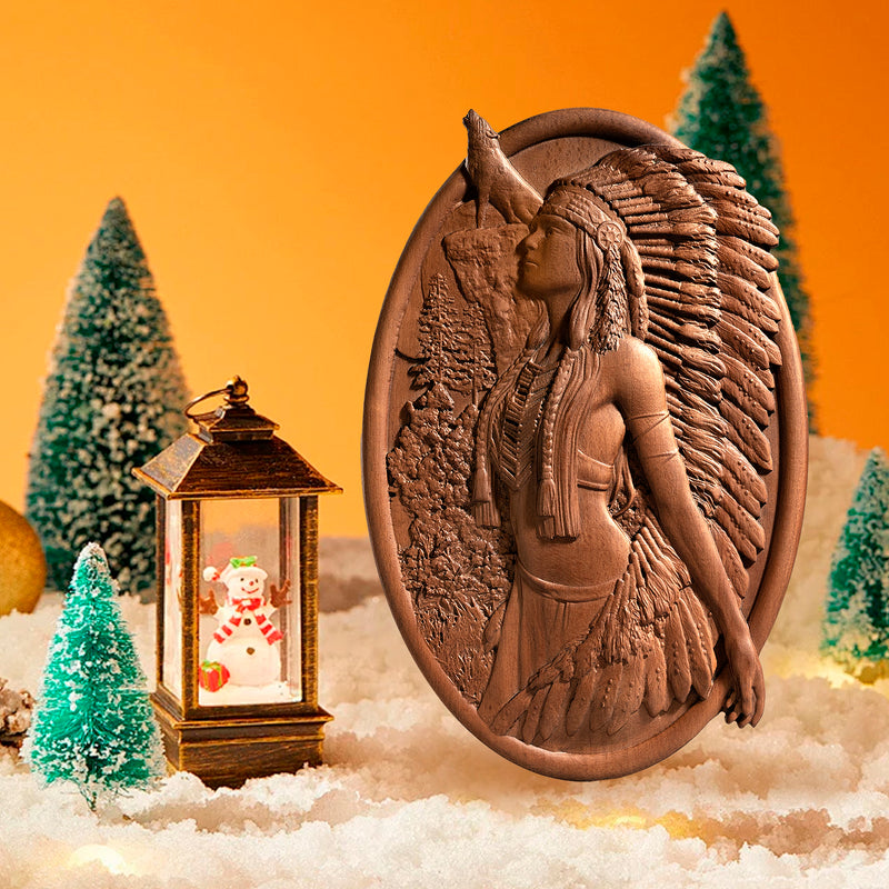 Native American Woman and Wolf Wood Carving Decor - Engraved on Natural Wood
