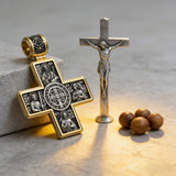 Double-Sided S925K Sterling Silver Sacred Heart and Saint Cross Pendant—Your Daily Spiritual Companion