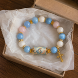 Chalcedony Cross Beaded Bracelet, Vintage Religious Printed Tube Bead Faith Jewelry for Women