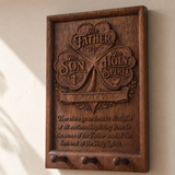 Holy Trinity Wooden Key Holder – Hand-Carved Walnut Wall Plaque with Matthew 28:19