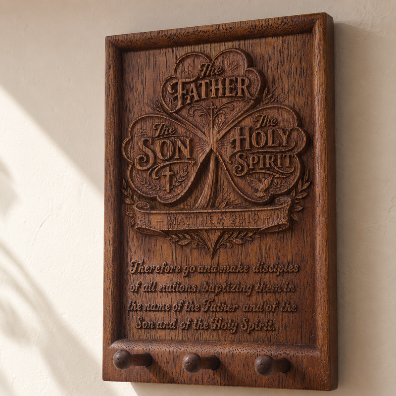 Close up of hand carved walnut wood texture and raised Holy Trinity details