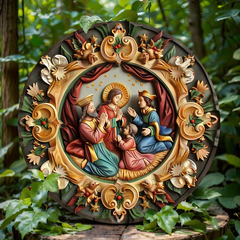 Christian Holy Family Relief Decorative Plaque - 8 Inch / 12 Inch Aluminum Waterproof Religious Wall Art (with Mounting Accessories)