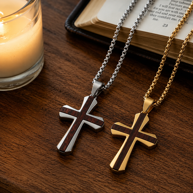 Silver and gold Christian solid rosewood cross necklaces beside Bible and candle