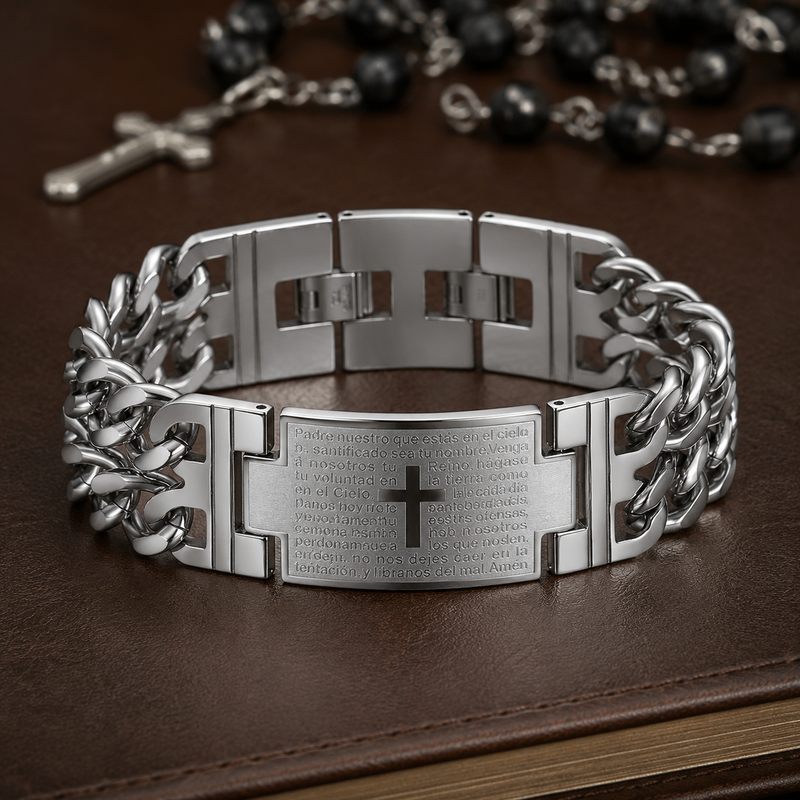 Silver stainless steel Christian bracelet with engraved prayer plate and cross detail