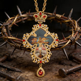 Gilded Leaf-Edged Jesus Crucifix Necklace: Elegance Woven with Faith