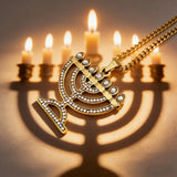 Stainless Steel Crystal 7-Branch Menorah Pendant: A Sacred Jewish Heritage Necklace